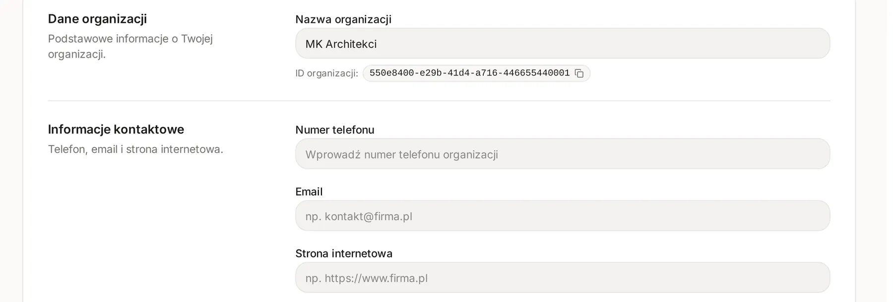 Sekcje Dane organizacji, Informacje kontaktowe i Informacje adresowe w ustawieniach organizacji z polami Nazwa organizacji, Numer telefonu, Email, Strona internetowa i adresem