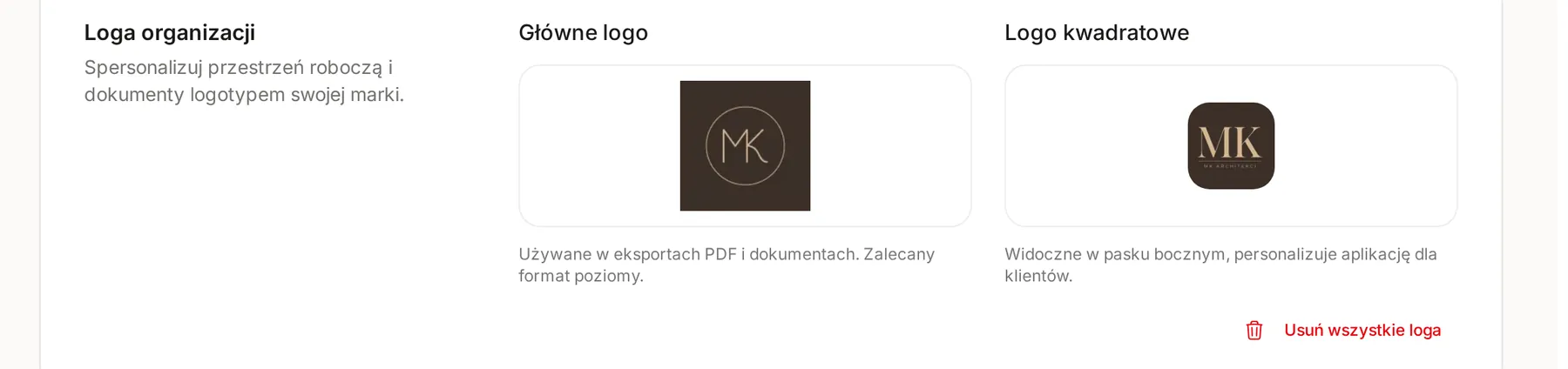 Sekcja Loga organizacji z kafelkami Główne logo i Logo kwadratowe oraz ich opisami