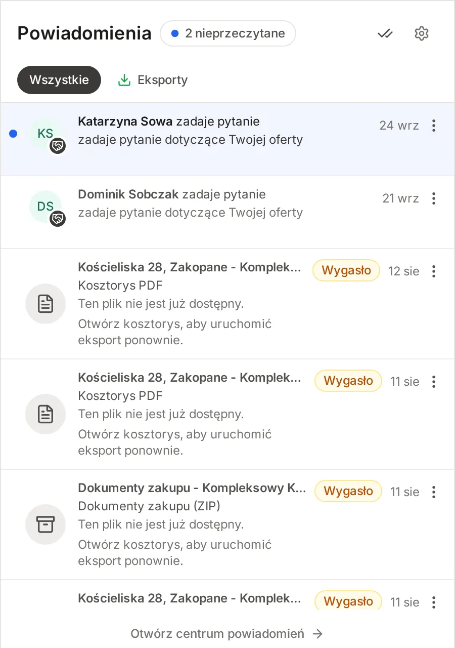 Panel Powiadomienia z licznikiem nieprzeczytanych, filtrami Wszystkie i Eksporty oraz listą powiadomień o pytaniach do oferty i eksportach kosztorysu