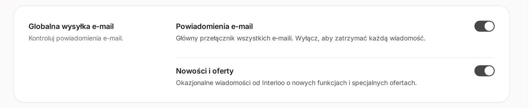 Sekcja Globalna wysyłka e-mail z przełącznikami Powiadomienia e-mail i Nowości i oferty