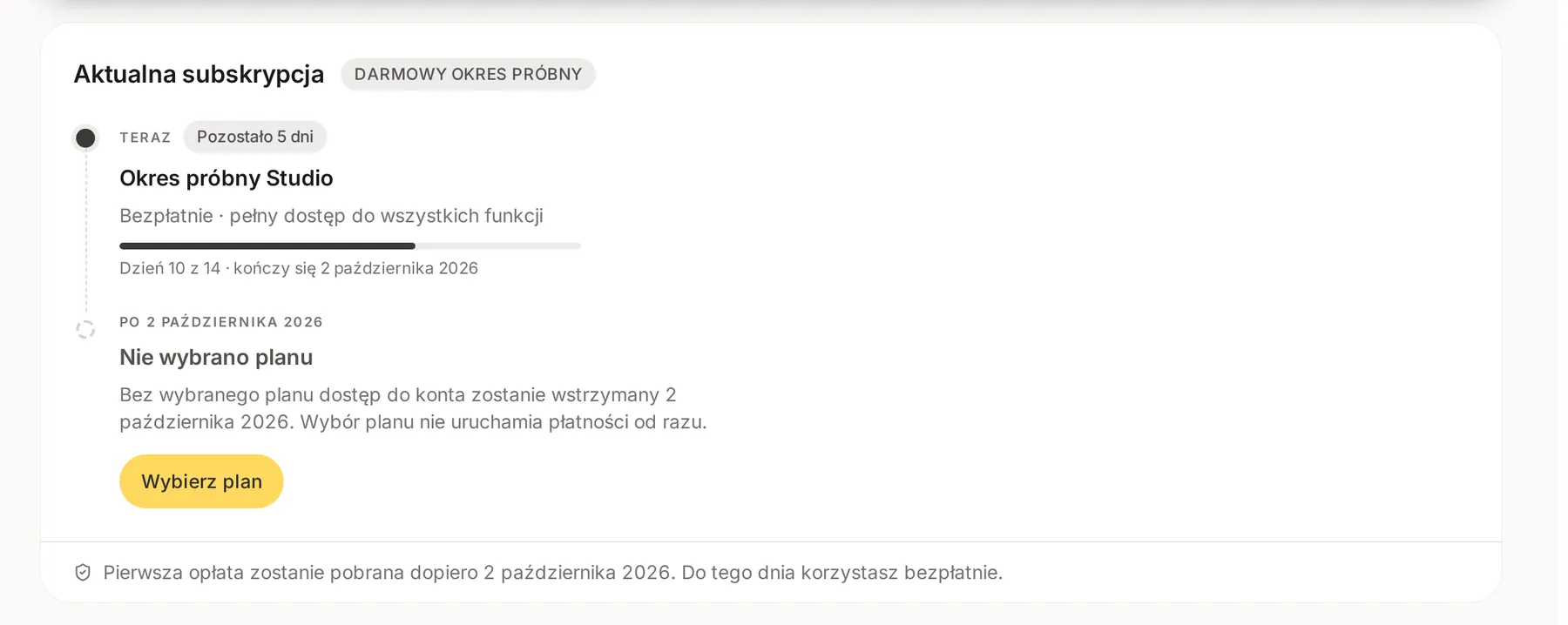 Sekcja Aktualna subskrypcja w Rozliczeniach w okresie próbnym: Okres próbny Studio z liczbą pozostałych dni, informacja Nie wybrano planu i przycisk Wybierz plan