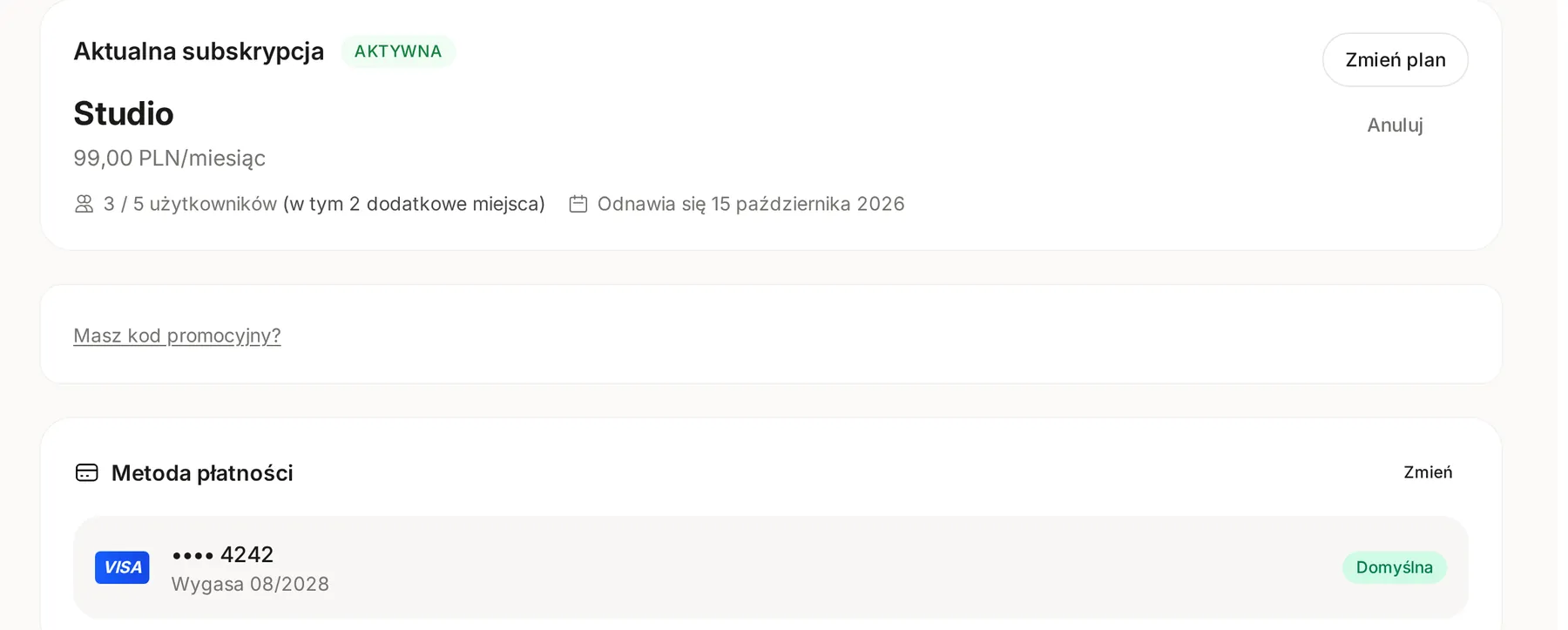 Rozliczenia z sekcją Aktualna subskrypcja planu Studio, linkiem Masz kod promocyjny? i sekcją Metoda płatności z kartą i przyciskiem Zmień