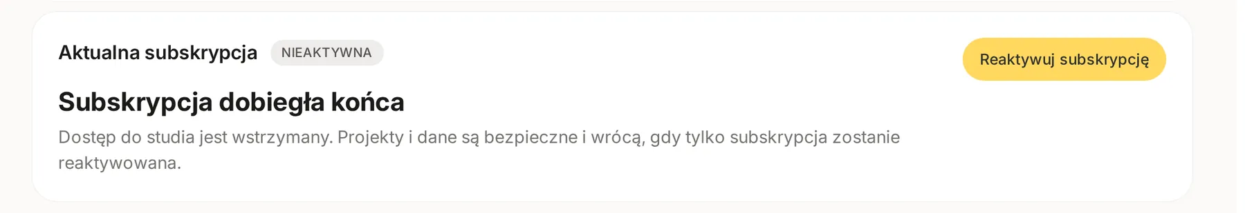 Karta Subskrypcja dobiegła końca w Rozliczeniach z opisem wstrzymanego dostępu i przyciskiem Reaktywuj subskrypcję