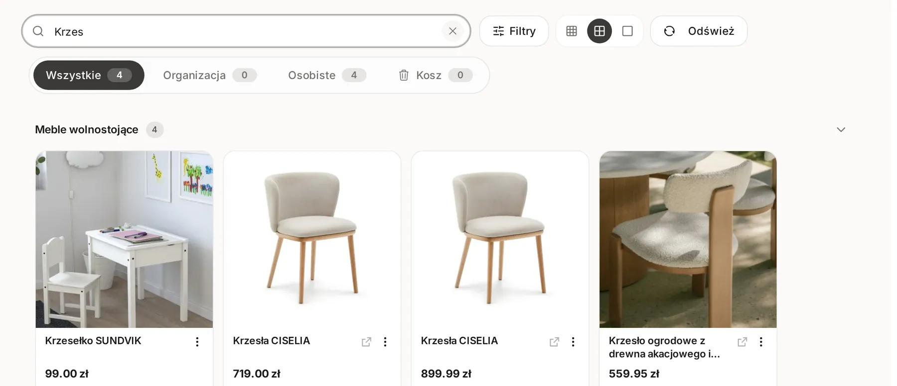 Katalog produktów z wyszukiwarką, przyciskiem Filtry, zakładkami Wszystkie, Organizacja, Osobiste i Kosz oraz kartami krzeseł w kategorii Meble wolnostojące