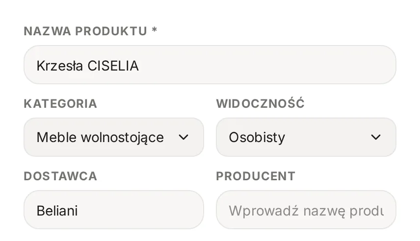 Okno edycji pozycji w katalogu z polami Nazwa Produktu, Kategoria, Widoczność ustawioną na Osobisty, Dostawca i Producent