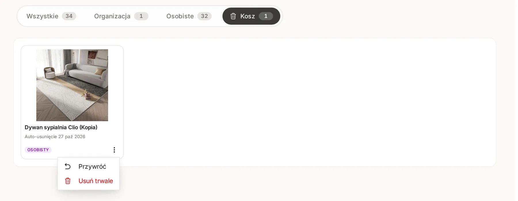 Zakładka Kosz z usuniętą pozycją, datą automatycznego usunięcia i otwartym menu z opcjami Przywróć i Usuń trwale