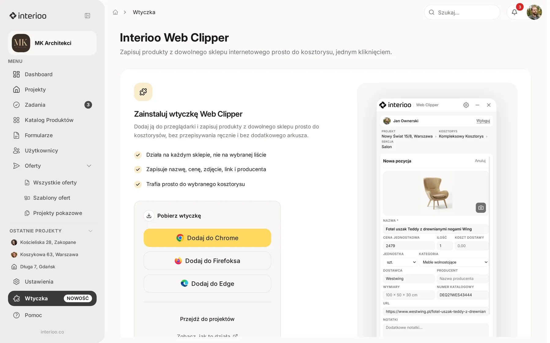 Strona Interioo Web Clipper w aplikacji z listą korzyści, przyciskami Dodaj do Chrome, Dodaj do Firefoksa i Dodaj do Edge oraz podglądem okna wtyczki