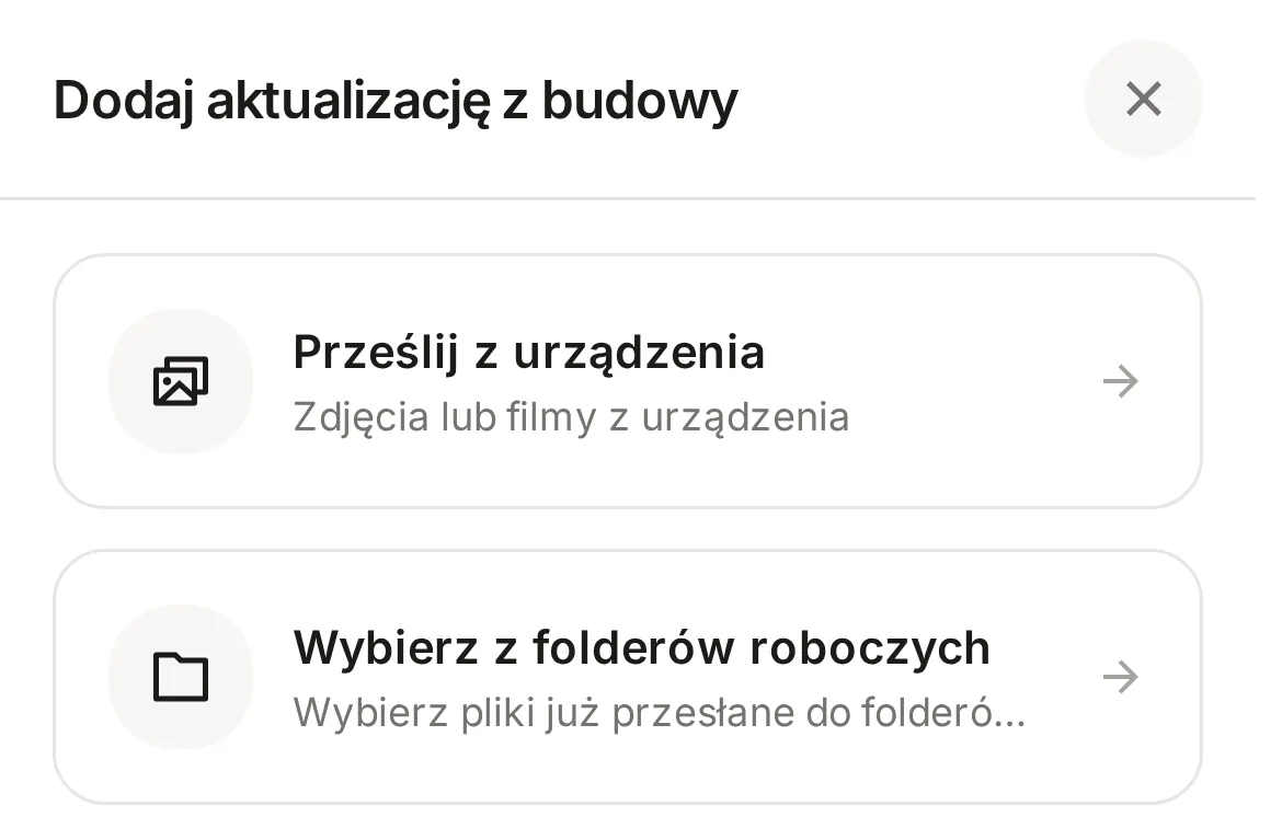 Okno Dodaj aktualizację z budowy na telefonie z opcjami Prześlij z urządzenia i Wybierz z folderów roboczych