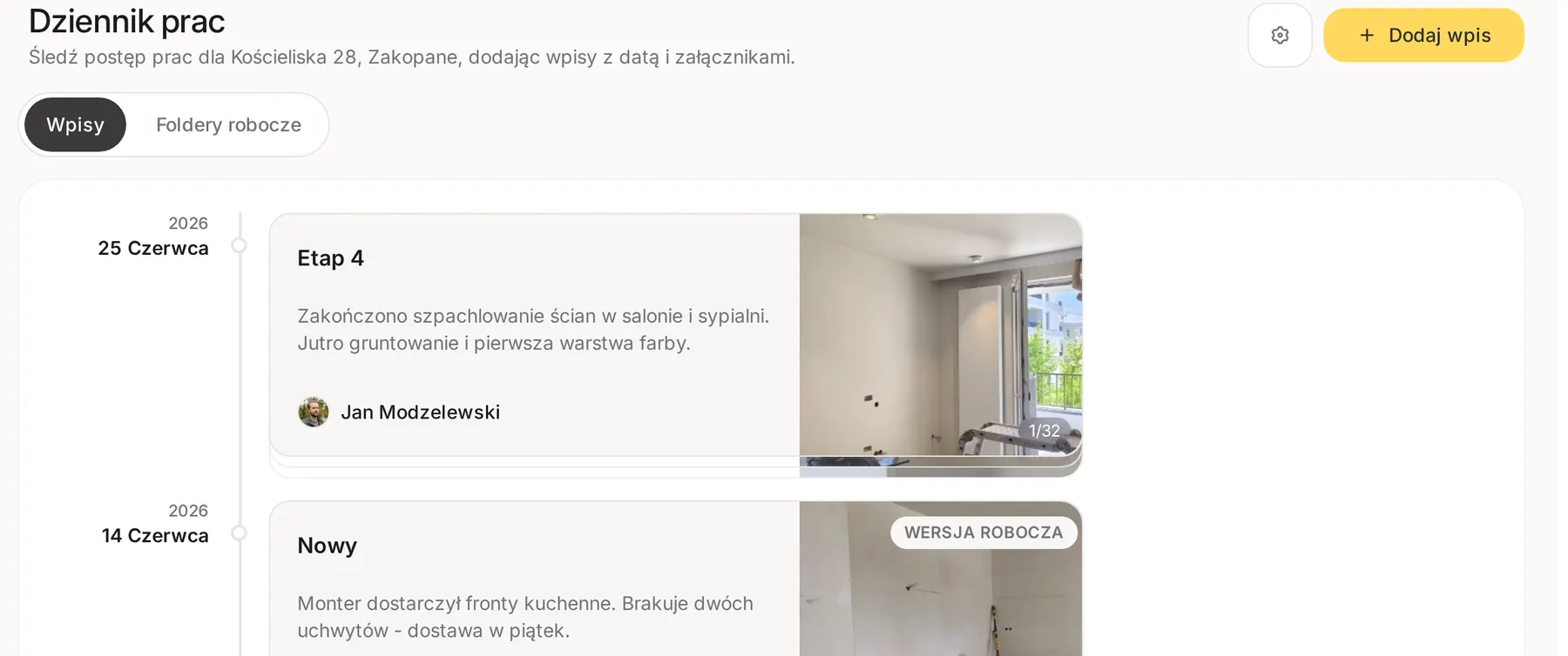 Lista wpisów dziennika prac z przyciskiem Dodaj wpis, przełącznikiem Wpisy i Foldery robocze oraz wpisem oznaczonym jako Wersja robocza