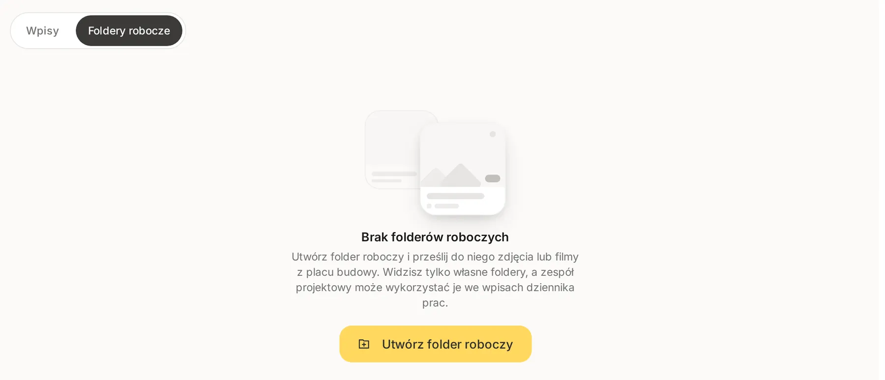 Widok Foldery robocze u Wykonawcy bez folderów: przełącznik Wpisy / Foldery robocze, komunikat Brak folderów roboczych z informacją, że Wykonawca widzi tylko własne foldery, i przycisk Utwórz folder roboczy