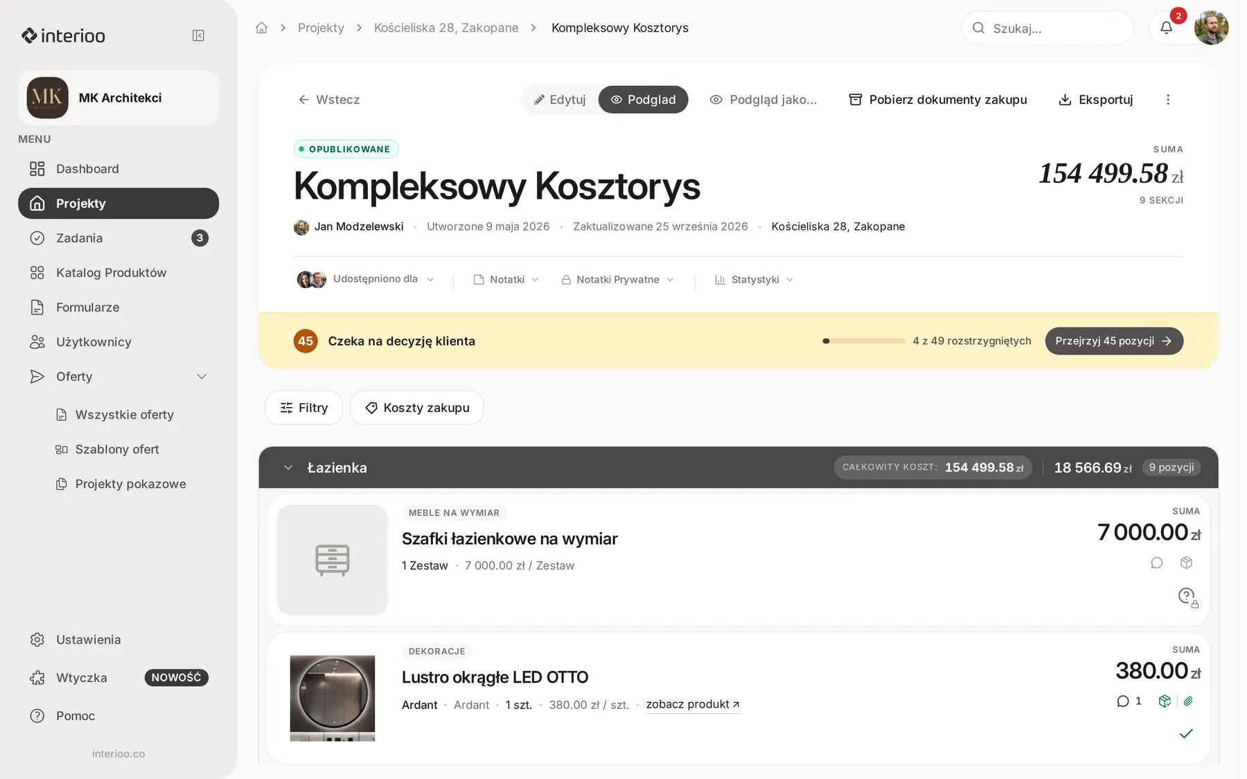 Kosztorys w trybie podglądu: nagłówek z nazwą, statusem i sumą, przyciski Filtry i Koszty zakupu, a poniżej sekcja Łazienka z pozycjami