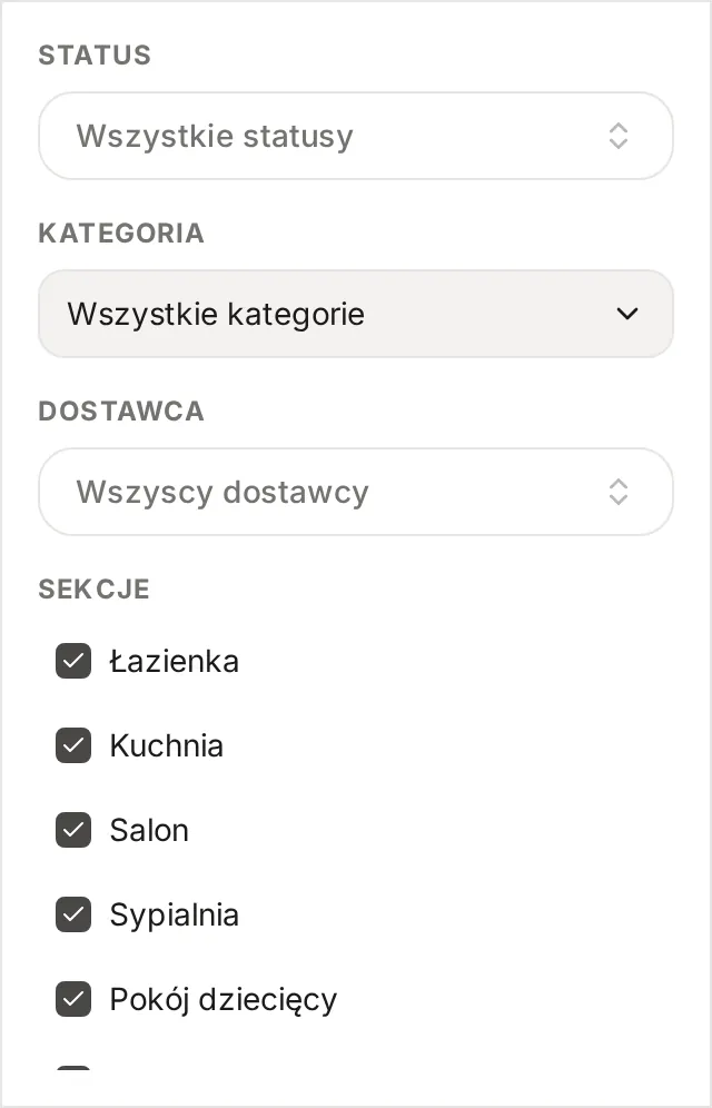Okno Filtry z polami Status, Kategoria, Dostawca i listą sekcji do zaznaczenia