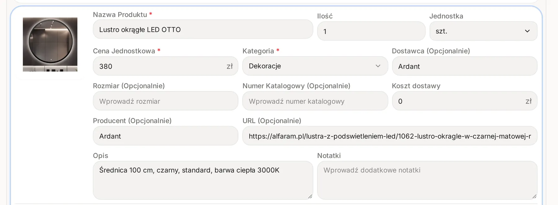 Edytor pozycji: zdjęcie, Nazwa Produktu, Ilość, Jednostka, Cena Jednostkowa, Kategoria, Dostawca, Rozmiar, Numer Katalogowy, Koszt dostawy, Producent, URL, Opis i Notatki