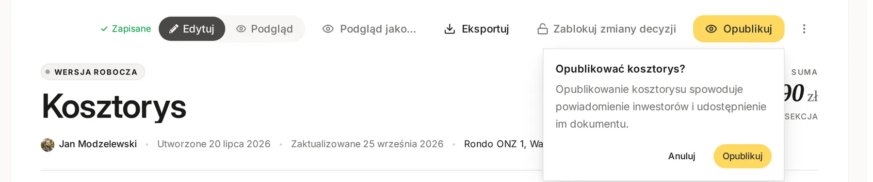 Pasek kosztorysu w wersji roboczej z przyciskiem Opublikuj i otwartym potwierdzeniem Opublikować kosztorys?