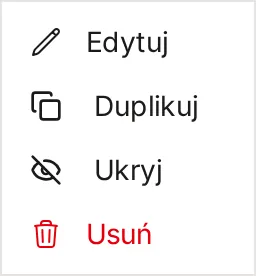 Menu pozycji kosztorysu z opcjami Edytuj, Duplikuj, Ukryj i Usuń