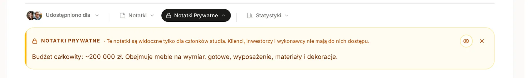 Otwarty panel Notatki Prywatne z informacją, że notatki są widoczne tylko dla członków studia