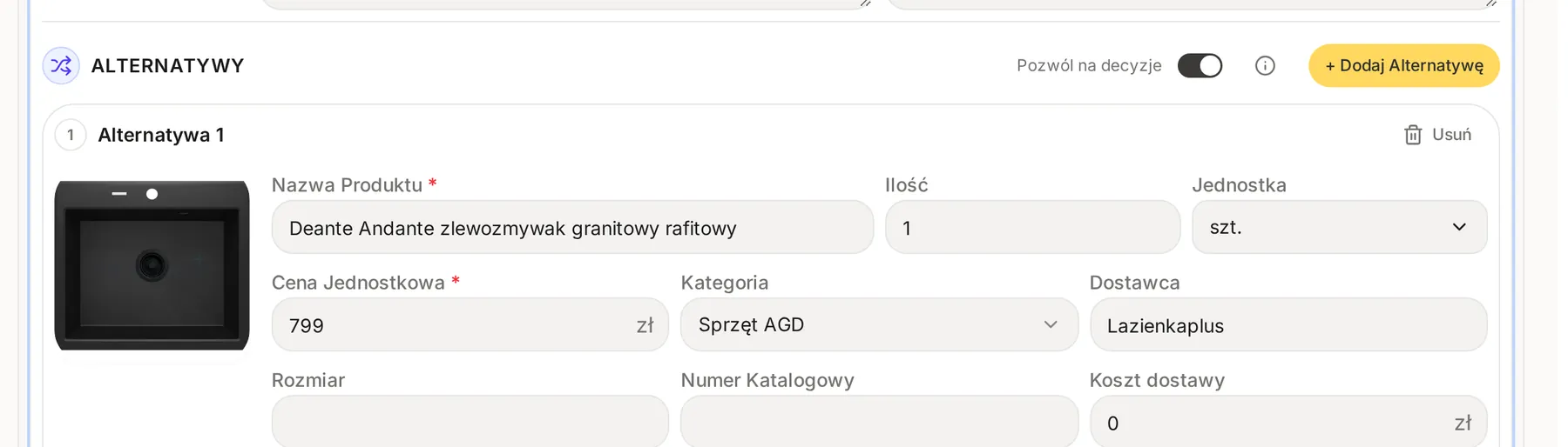 Blok Alternatywy w edycji pozycji: przełącznik Pozwól na decyzje, przycisk Dodaj Alternatywę i formularz Alternatywa 1 ze zlewozmywakiem Deante