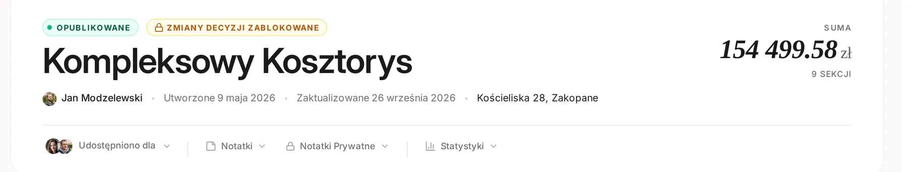 Nagłówek kosztorysu z etykietami Opublikowane i Zmiany decyzji zablokowane
