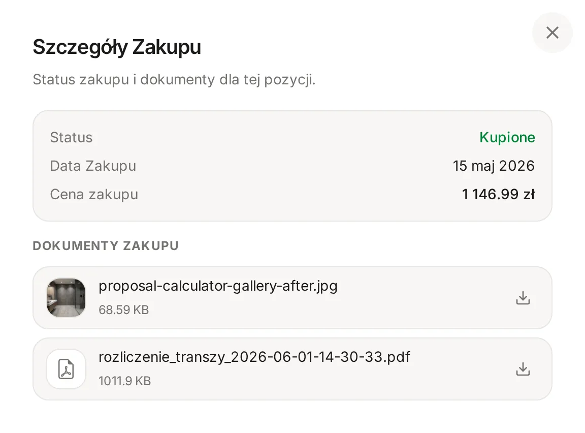 Okno Szczegóły Zakupu w podglądzie: status Kupione, data, cena zakupu i dwa dokumenty, zdjęcie i plik PDF