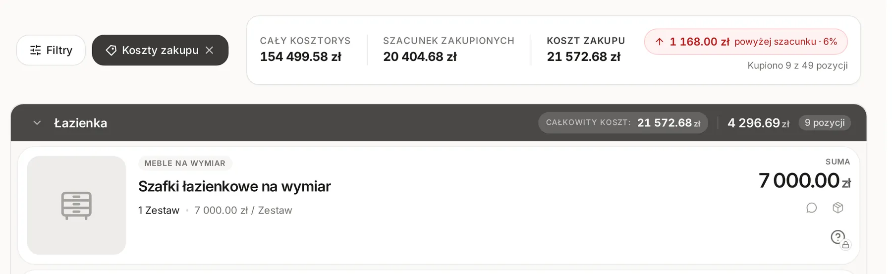 Włączony przełącznik Koszty zakupu i karta z kwotami Cały kosztorys, Szacunek zakupionych i Koszt zakupu, różnicą i postępem zakupów