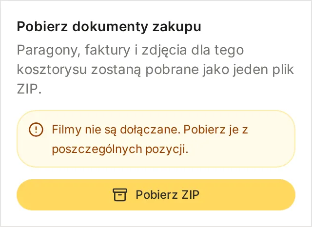 Okienko Pobierz dokumenty zakupu z informacją, że filmy nie są dołączane, i przyciskiem Pobierz ZIP