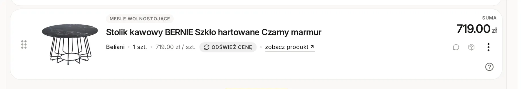 Pozycja kosztorysu w trybie edycji z przyciskiem Odśwież cenę obok ceny jednostkowej 719.00 zł