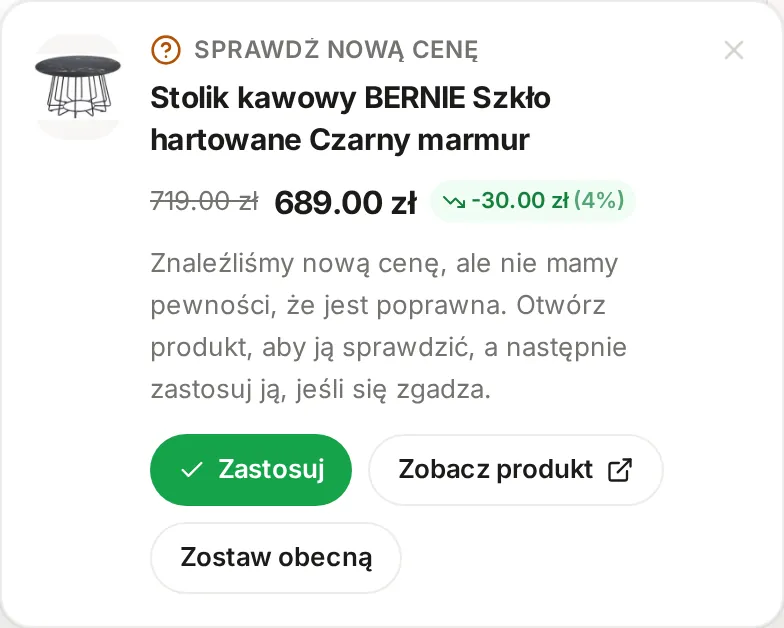 Powiadomienie Sprawdź nową cenę z proponowaną ceną 689.00 zł i przyciskami Zastosuj, Zobacz produkt i Zostaw obecną