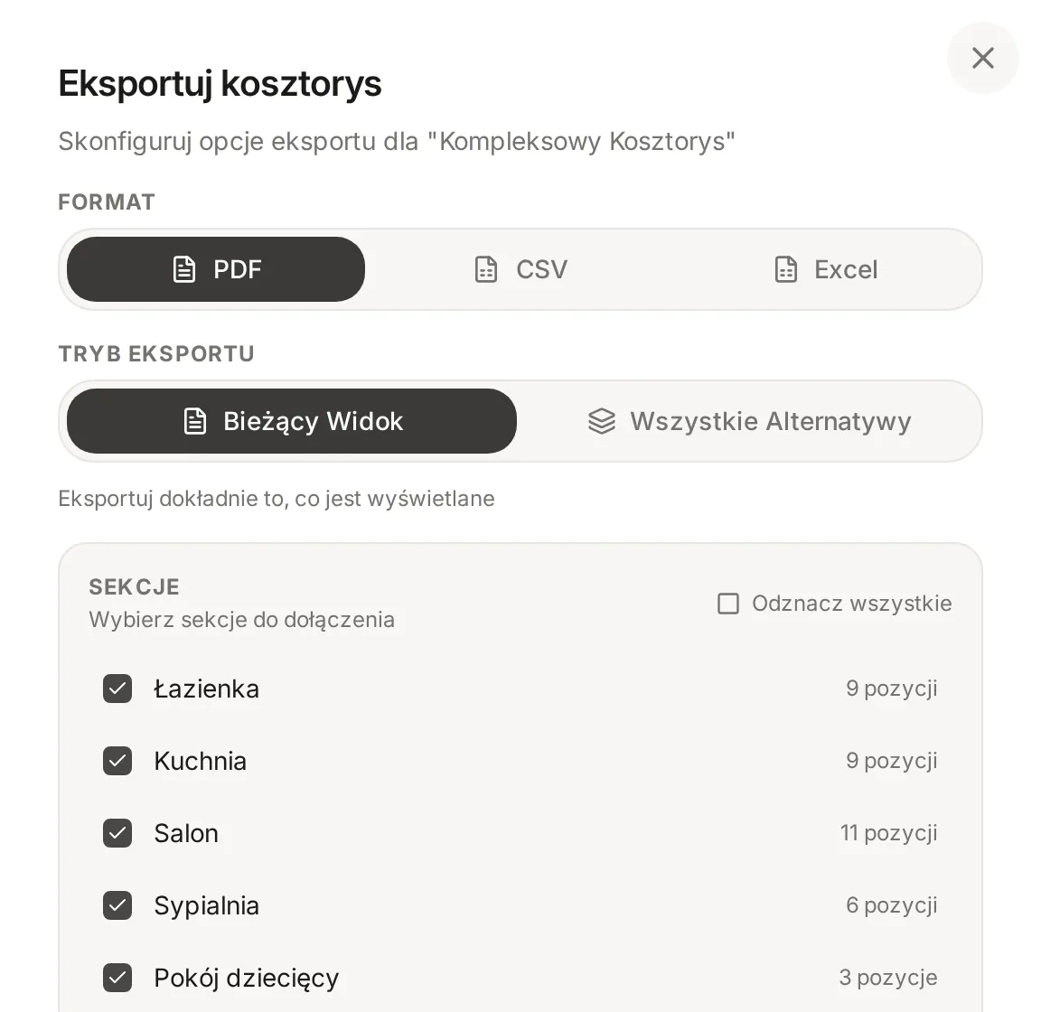 Okno Eksportuj kosztorys: format PDF, CSV lub Excel, tryb eksportu Bieżący Widok lub Wszystkie Alternatywy i lista sekcji z liczbą pozycji