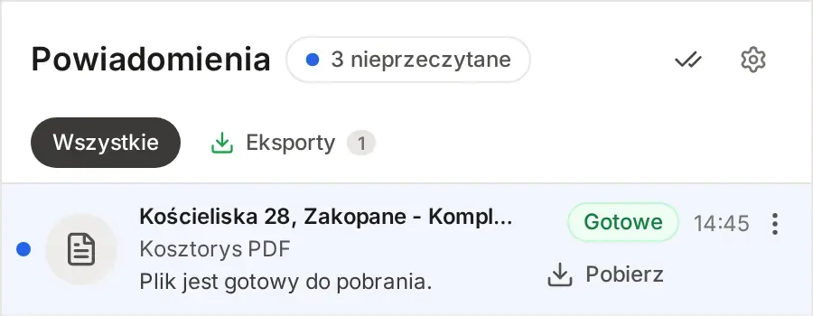 Powiadomienia z zakładkami Wszystkie i Eksporty oraz gotowym eksportem PDF kosztorysu ze statusem Gotowe i przyciskiem Pobierz