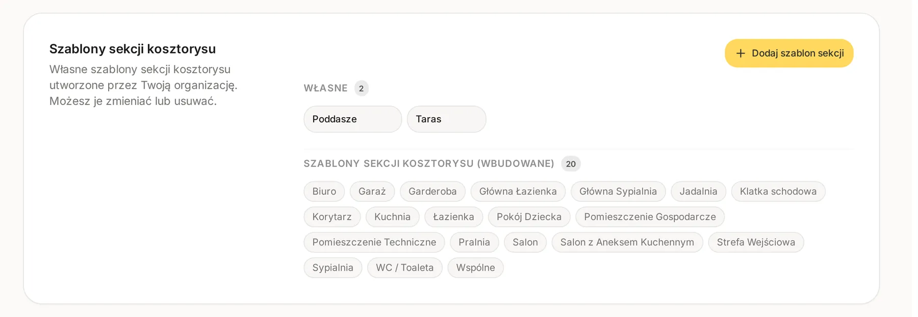 Ustawienia, Szablony: sekcja Szablony sekcji kosztorysu z własnymi szablonami, listą wbudowanych nazw i przyciskiem Dodaj szablon sekcji