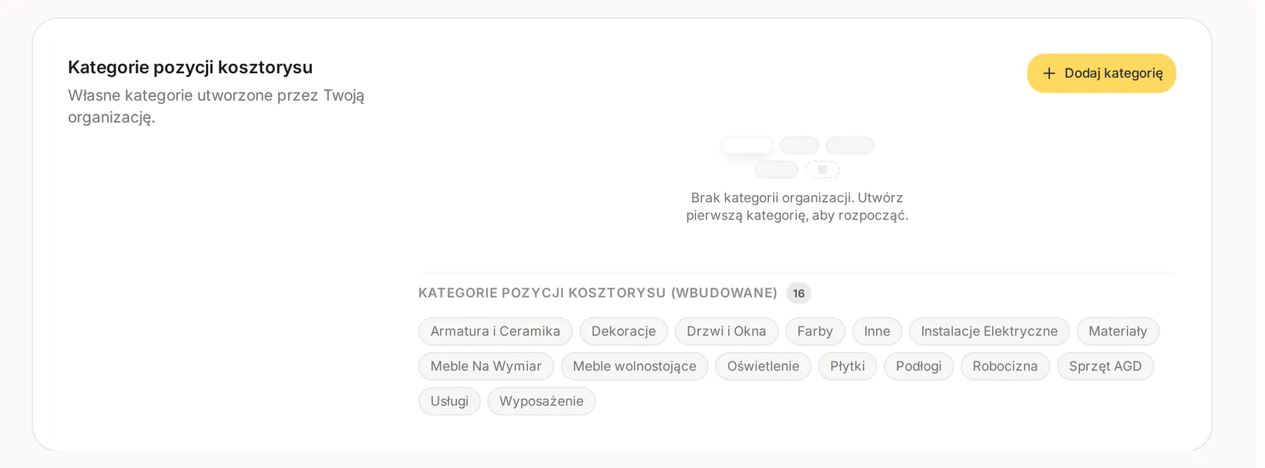 Ustawienia, Szablony: sekcja Kategorie pozycji kosztorysu z przyciskiem Dodaj kategorię i listą wbudowanych kategorii