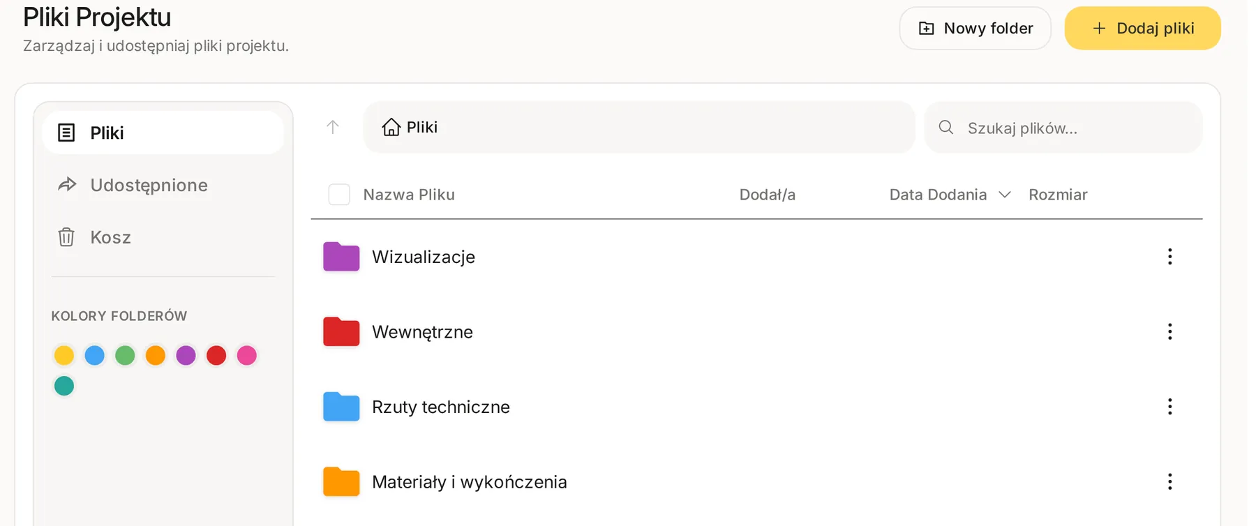 Zakładka Pliki projektu: panel z widokami Pliki, Udostępnione i Kosz, filtr Kolory folderów, lista kolorowych folderów oraz przyciski Nowy folder i Dodaj pliki