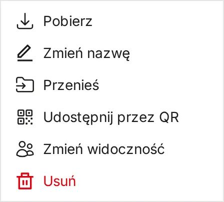 Menu pliku z opcjami Pobierz, Zmień nazwę, Przenieś, Udostępnij przez QR, Zmień widoczność i Usuń