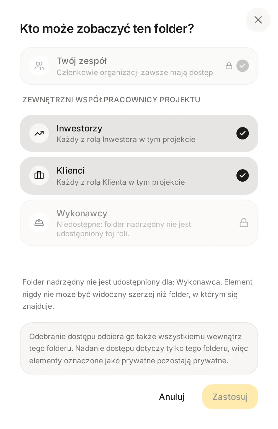 Okno widoczności podfolderu z wyłączoną rolą Wykonawcy i opisem, że folder nadrzędny nie jest udostępniony tej roli