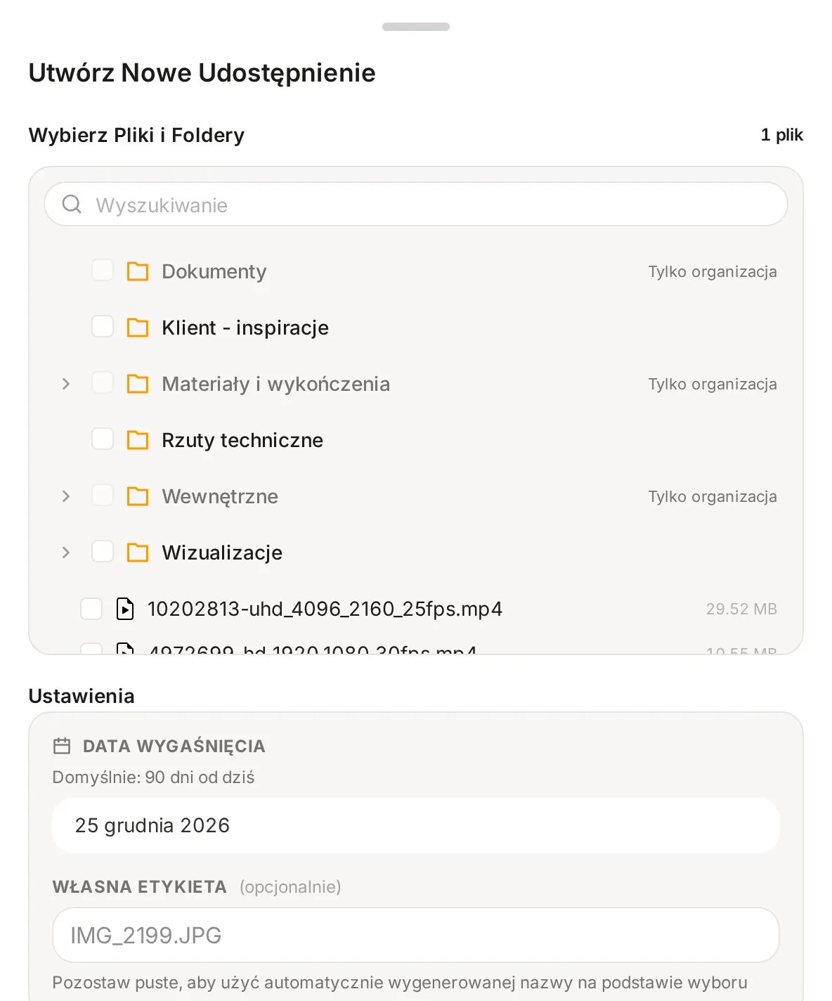 Okno Utwórz Nowe Udostępnienie z listą plików i folderów do wyboru, datą wygaśnięcia i polem Własna Etykieta