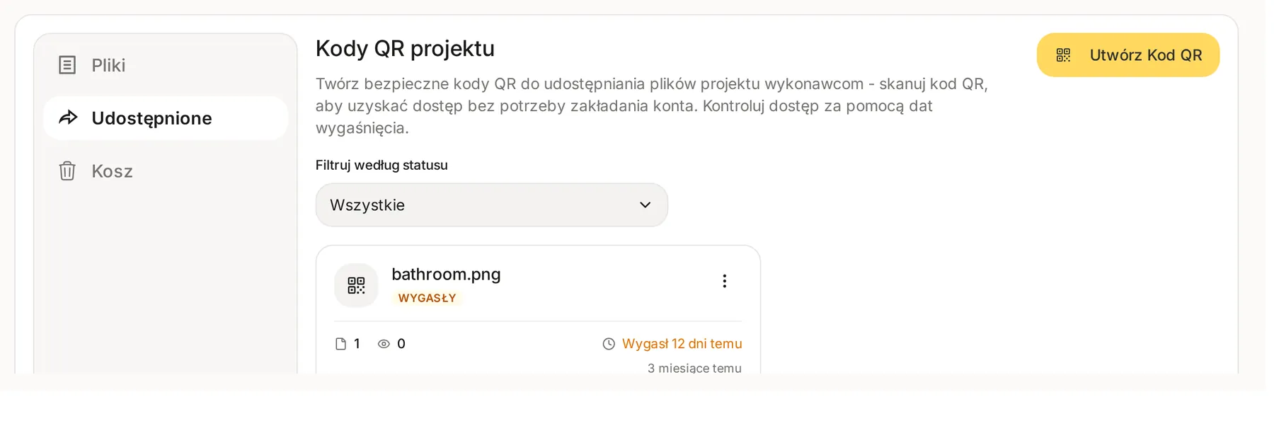 Lista kodów QR projektu ze statusem, datą wygaśnięcia i liczbą użyć