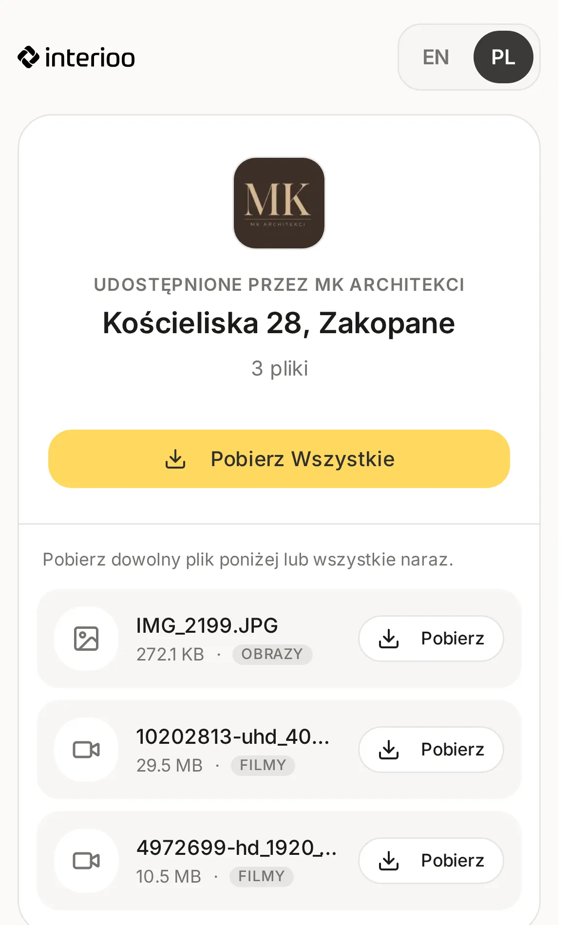 Strona udostępnionych plików na telefonie z nazwą projektu, przyciskiem Pobierz Wszystkie i listą plików do pobrania