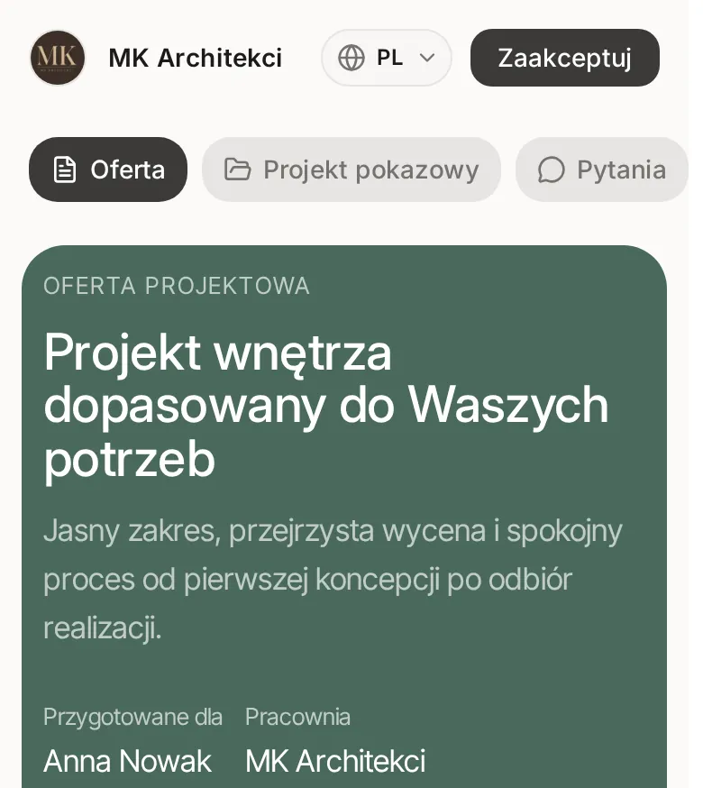 Oferta na telefonie: nazwa studia MK Architekci, przełącznik języka PL, przycisk Zaakceptuj, zakładki Oferta, Projekt pokazowy i Pytania oraz początek oferty przygotowanej dla Anny Nowak