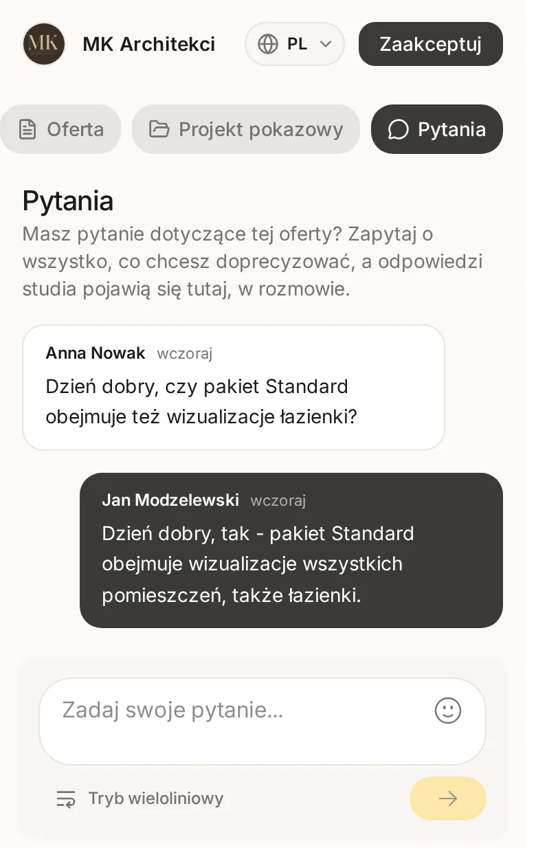 Zakładka Pytania na telefonie z pytaniem Anny Nowak o wizualizacje łazienki, odpowiedzią Jana Modzelewskiego i polem Zadaj swoje pytanie