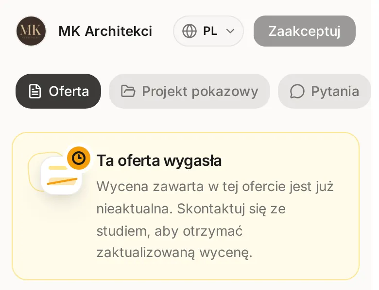 Wygasła oferta na telefonie z nieaktywnym przyciskiem Zaakceptuj i komunikatem Ta oferta wygasła z prośbą o kontakt ze studiem w sprawie aktualnej wyceny