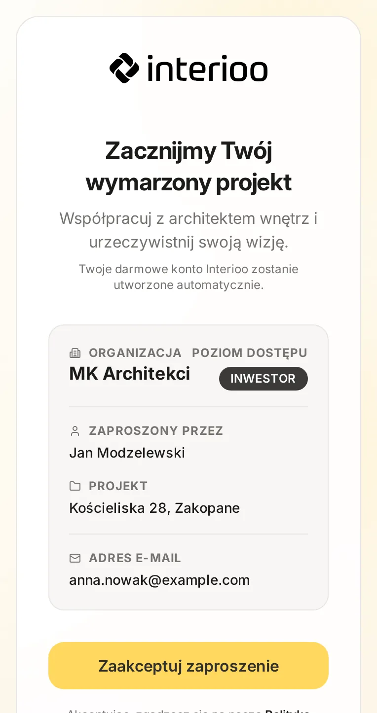 Strona zaproszenia na telefonie: nagłówek Zacznijmy Twój wymarzony projekt, informacja o darmowym koncie, organizacja MK Architekci, poziom dostępu Inwestor, zaproszenie od Jana Modzelewskiego do projektu Kościeliska 28, Zakopane, adres e-mail i przycisk Zaakceptuj zaproszenie