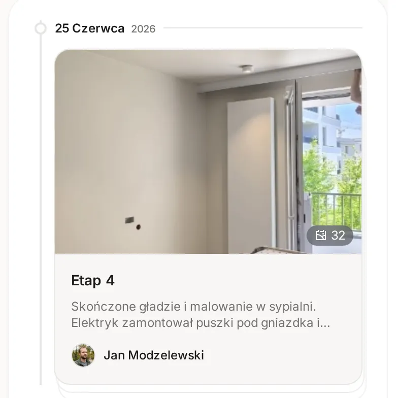 Wpis Etap 4 z 25 czerwca 2026 na osi czasu na telefonie, ze zdjęciem z budowy, liczbą 32 zdjęć, początkiem opisu i autorem Janem Modzelewskim