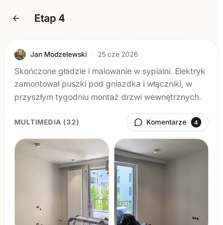 Otwarty wpis Etap 4 na telefonie z autorem, datą, opisem prac, nagłówkiem Multimedia (32), przyciskiem Komentarze z liczbą 4 i pierwszymi zdjęciami
