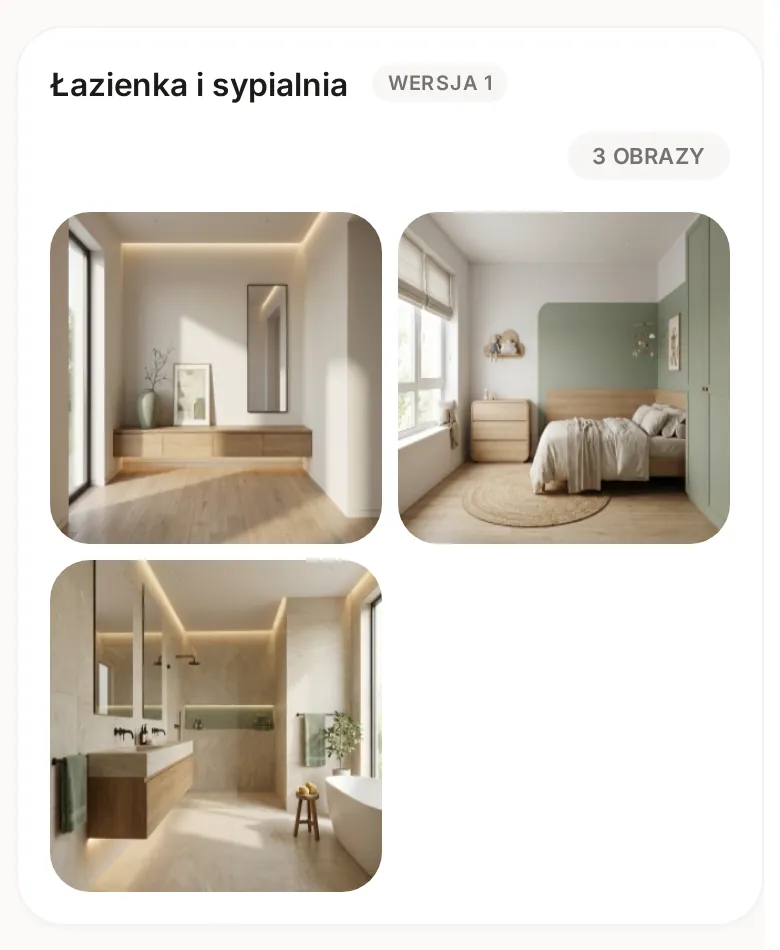 Zestaw wizualizacji Łazienka i sypialnia z etykietą Wersja 1, oznaczeniem 3 obrazy i trzema renderami na telefonie
