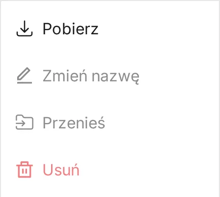 Menu pliku wykonawcy na telefonie: aktywne Pobierz oraz nieaktywne Zmień nazwę, Przenieś i Usuń