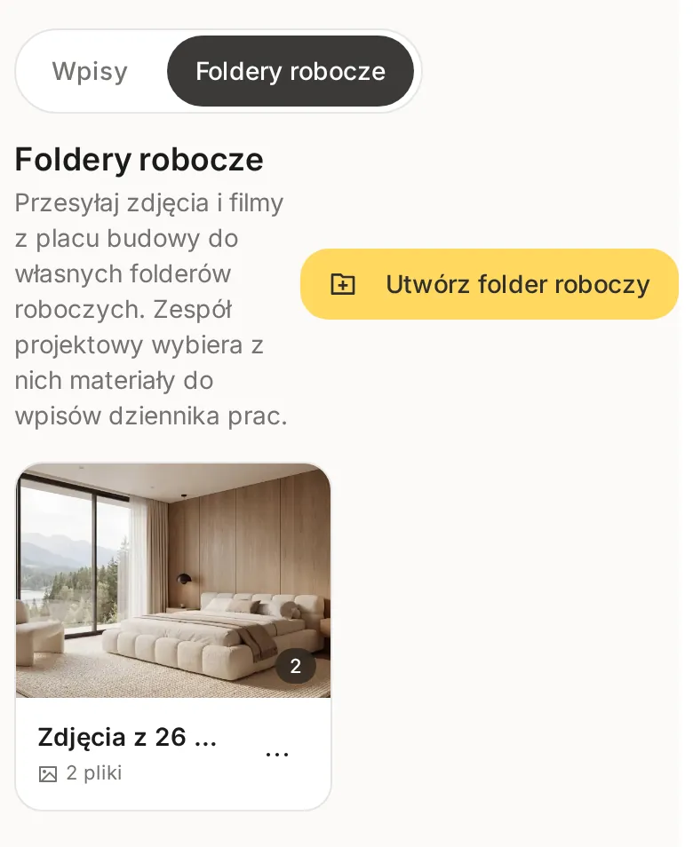 Widok Foldery robocze u wykonawcy na telefonie: przełącznik Wpisy i Foldery robocze, opis funkcji, przycisk Utwórz folder roboczy i karta folderu Zdjęcia z 26 września z liczbą 2 pliki