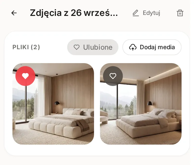 Otwarty folder roboczy Zdjęcia z 26 września na telefonie z przyciskami Edytuj i kosza, Ulubione i Dodaj media oraz dwoma zdjęciami, z których jedno ma czerwone serce