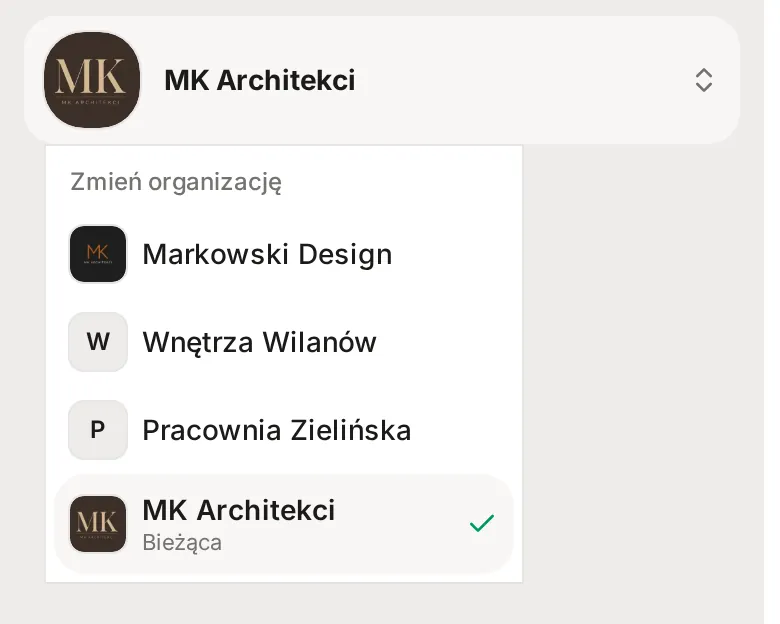 Menu aplikacji na telefonie z rozwiniętą listą Zmień organizację: Markowski Design, Wnętrza Wilanów, Pracownia Zielińska i zaznaczone MK Architekci z opisem Bieżąca