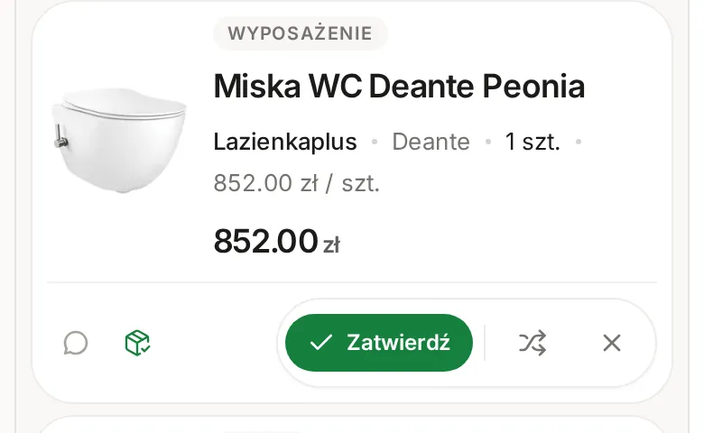 Pozycja Miska WC Deante Peonia na telefonie z przyciskiem Zatwierdź, ikoną prośby o alternatywę, ikoną odrzucenia oraz ikonami komentarzy i statusu zakupu