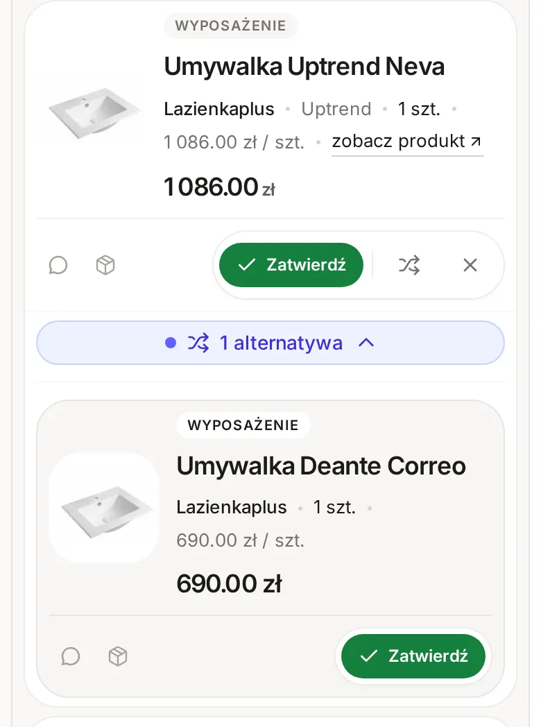 Pozycja Umywalka Uptrend Neva na telefonie z rozwiniętą alternatywą Umywalka Deante Correo, obie z przyciskiem Zatwierdź